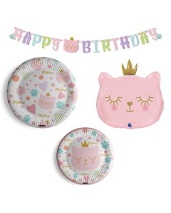 Maverick 34 pezzi Set per Feste di Compleanno Gattini per bambine. 16 piatti grandi 16 piatti piccoli festone con scritta e palloncino a forma di gattino rosa con corona oro.