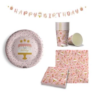 Maverick 53 pezzi Kit per Feste di Compleanno bambine rosa confetti. 16 piatti grandi 16 bicchieri 20 tovaglioli e festone buon Compleanno rosa confetti. made in europe